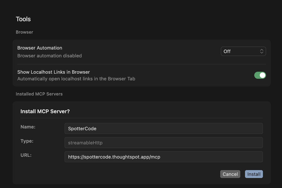 SpotterCode MCP Server installation in Cursor