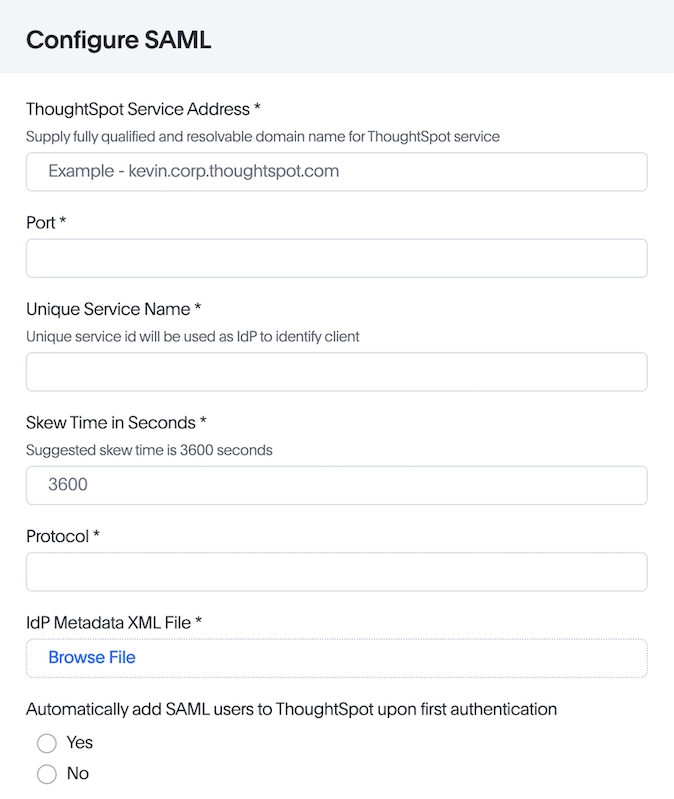 SAML configuration dialog